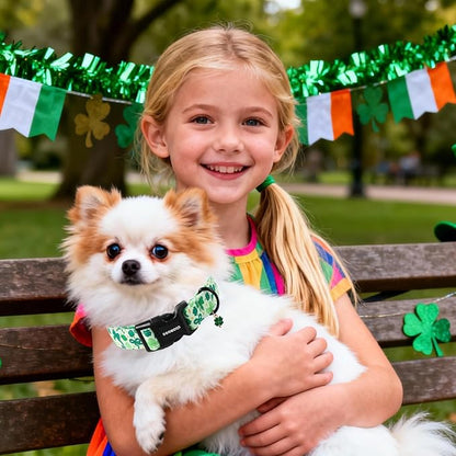 DOGWONG St Patrick's Day Dog Collar-Cute Green Clovers Dog Collar, Adjustable Cotton Shamrock Pet Collar Trefoil Puppy Collars with Quick Release Buckle,S