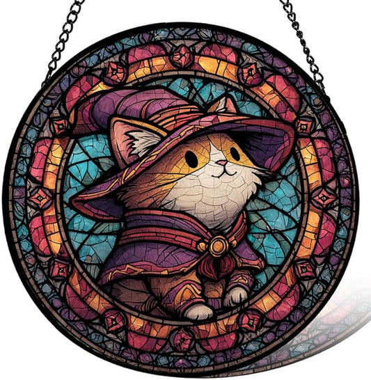Stained Glass Window Hanging， Cat on Moon 11.8in Sun Catchers Indoor Window， Core Decor Inside and Outside The Cottage， Gothic Decor， Cute Black Cat Gifts for Women， Home Decor