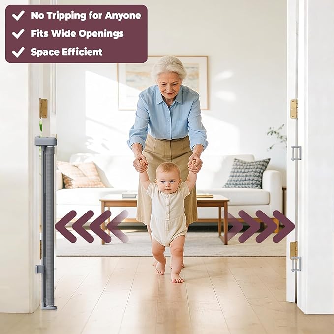 Retractable Baby Gates for Doorways, 58" Extra Wide Mesh Child Dog Gate for Stairs, 34" Tall Toddler Pet Gate Indoor and Outdoor, Easy Install, Essential for Home Safety, Gray