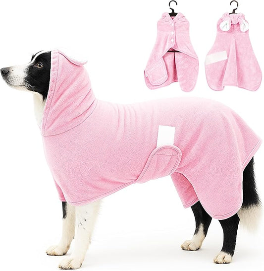 Pet Bathrobe Towel Dog Cat Drying Coat Super Absorbent Cute Dogs Bath Towel Hooded Robe Adjustable Collar & Belly Strap for XSmall to XLarge Pets (Pink, Large)
