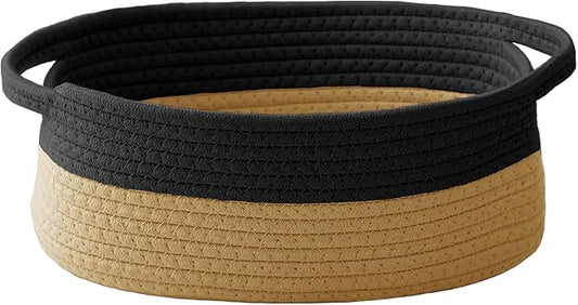 Woven Basket,Small Rope Storage Bin with Handles & Ribbon Bag, Organizer for Shelves Closets,Gift Basket Empty for Birthday,Books,Dog Toys, Black&Jute