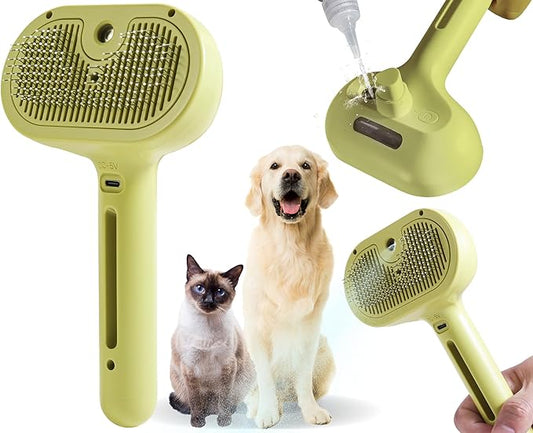 Cat/Dog Grooming Brush with Steamer - Deshedding Brush for Pet Hair, Bath Brush with Water Spray and Hair Comb (Yellow)