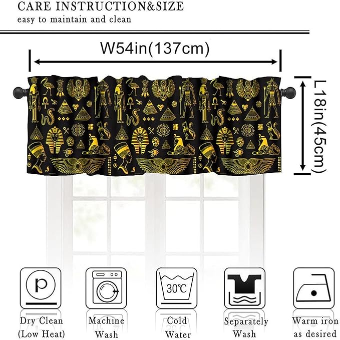 Ancient Egypt Valance Curtains Vintage Egyptian Culture Symbol Mysterious Egypt Tribal Ethnic Gold Black Window Valance Curtain for Farmhouse Bedroom Living Room Kitchen 54x18inch