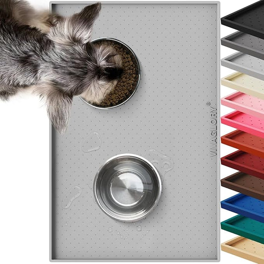 VIVAGLORY Dog Bowl Mat Grippymat Pet Food Mat, Waterproof Washable Nonslip Silicone for Pet & Cat, Food and Water Placemat with Lip & Raised Edges for Indoor Floor, L, Light Grey