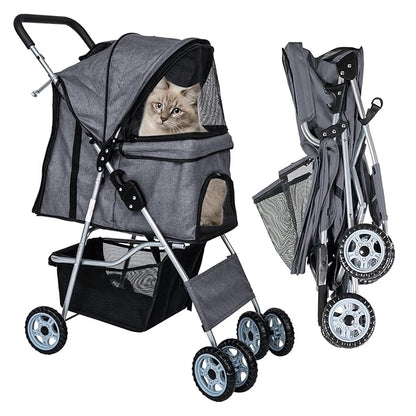 Dog Stroller for Small Dogs,Pet Stroller Strolling Cart 4 Wheels Folding Pet Gear Lightweight Waterproof with Storage Basket for Puppy Small Medium Dogs Cats for Travel,Grey