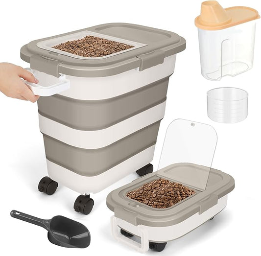 Dog Food Storage Container, 25lbs Large Collapsible Pet Cat Food Container with Airtight Lids Wheels Handle Scoop Measuring Cup Small Container, Rice Kitchen Dry Food Storage Dispenser Bin (Khaki)