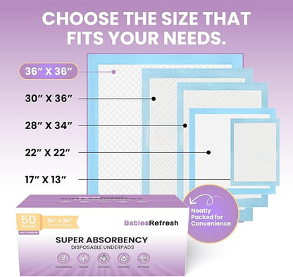 50 Count Super Absorbency 2XL 36” x 36" Disposable Underpads, Leakproof Quick Drying for Multi-use for Babies, Puppy Pads and Adults, Chucks, Disposable Diaper Changing Pad for Baby, Blue XXL