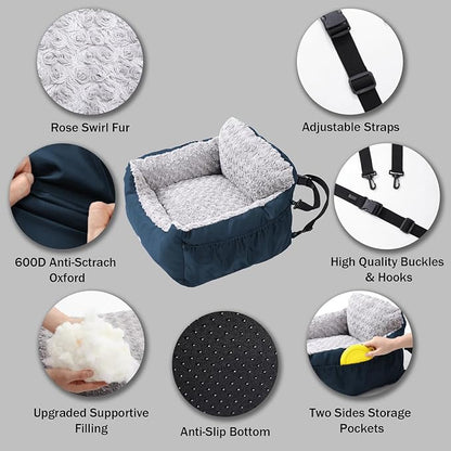 Dog Car Seat for Small Dogs, Washable Pet Booster Seats for Car with Clip-On Safety Leash, Reversible Puppy Carseat with Storage Pockets, Travel Carrier Bed for Dogs Under 25 lbs, Blue