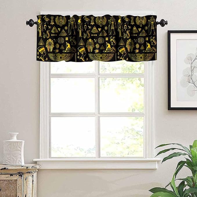 Ancient Egypt Valance Curtains Vintage Egyptian Culture Symbol Mysterious Egypt Tribal Ethnic Gold Black Window Valance Curtain for Farmhouse Bedroom Living Room Kitchen 54x18inch
