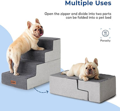 Dog Steps for High Beds - Dog Stairs 2 in 1 with Zippers Suitable for Small Dogs, Foam Pet Stairs with Non Slip Bottom Grey 5 Steps, Beige