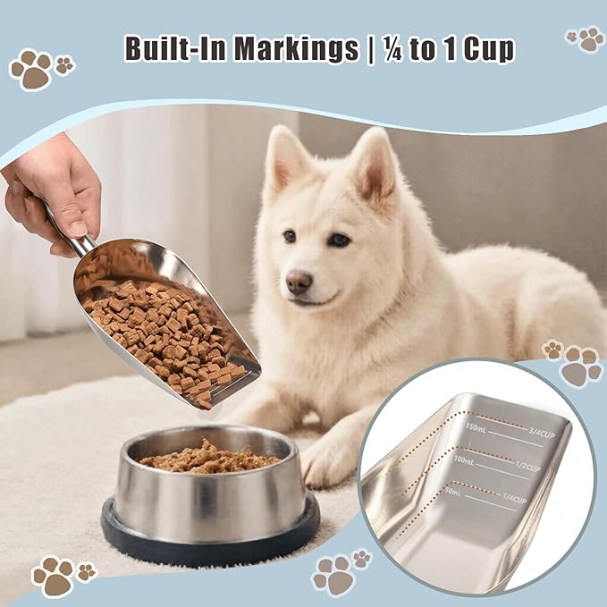 Dog-Cat Food Scoop 3/4 Cup, SSyang Thickened 304 Stainless Steel Pet Food Scoop with Long Handle, Precision Scale, Easy to Clean, Suitable for Wet and Dry Food