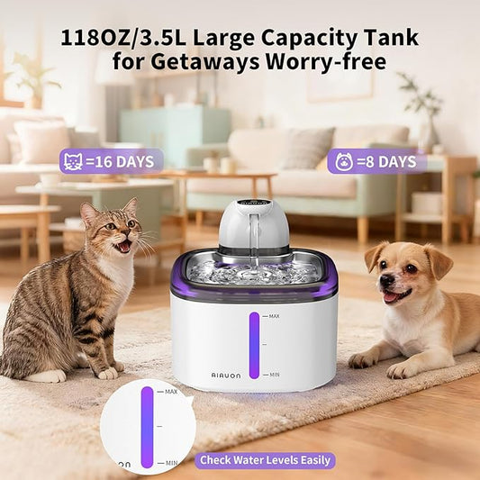 Cat Water Fountain Cordless 118oz/3.5L Wireless & Battery Operated Pet Water Fountain for Indoor Cats, Stainless Steel Tray with Sensor & Timer Modes, Ultra-Quiet, BPA-Free & Easy-to-Clean