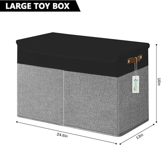 Large Toy Storage Box with Lids, Collapsible Sturdy Baby Storage Organizer Chest Bin Basket for Kids, Boys, Girls, Playroom, Nursery, Bedroom, Closet 25"x13"x16" (Gray and Black)
