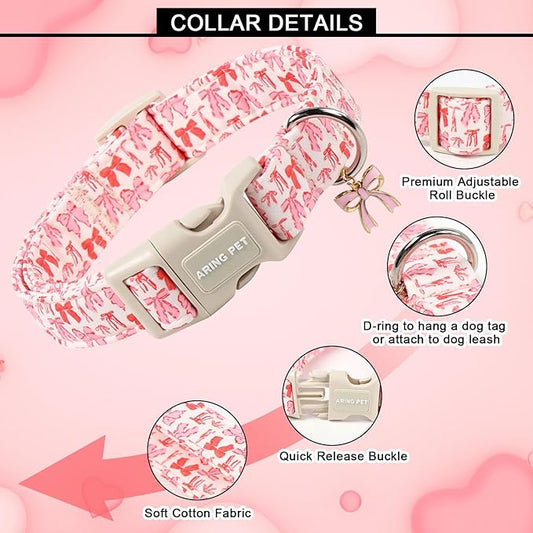 ARING PET Girl Dog Collar, Cute Spring Summer Pink Bow Puppy Pet Collars Necklace for Small Medium Large Female Dogs-S