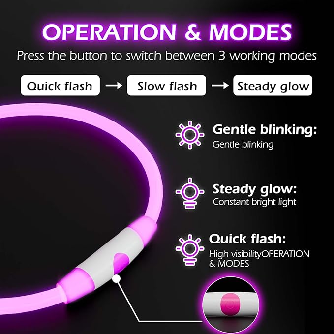 Rechargeable Reflective Pet Gear LED Dog Collar Light Up, Flashing Glowing Illuminated Collar for Night Walking, Neon Pet Collar with Light for Small/Medium/Large Dogs (Purple, 1-Pack)