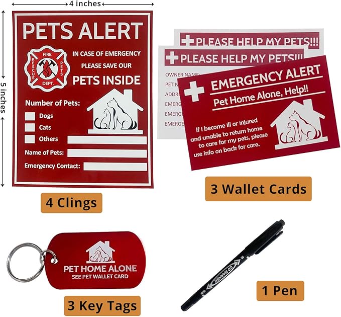 Pet Alert Sticker - Pet Inside Sticker,Safety Alert for Pets Inside,Save My pet in Case of Emergency,Rescue Pets Decal for House Window Door -4 Pack with Wallet Card & Key Tag