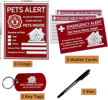 Pet Alert Sticker - Pet Inside Sticker,Safety Alert for Pets Inside,Save My pet in Case of Emergency,Rescue Pets Decal for House Window Door -4 Pack with Wallet Card & Key Tag