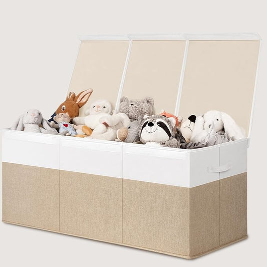 INDRESSME 185L Extra Large Toy Box, Toy Storage Organizer Collapsible Storage Bins with Lids Toy Chest for Playroom, Living Room, Toy Baskets Storage Kids, Boys Girls 39" x 17" x 17" (Beige & White)