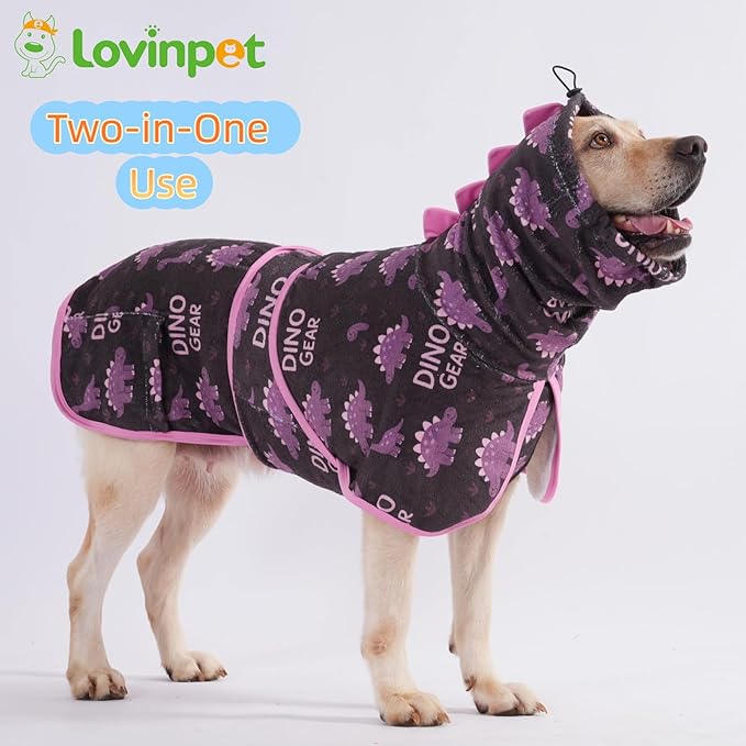 LovinPet 3‑in‑1 Dog Warm Winter Coat & Bathrobe, Hooded Dinosaur Fleece, Lightweight High‑Loft, Absorbent Knit, Quiet Hook‑and‑Loop, Wind‑Blocking Edges, Dog Robes for Medium & Large Dogs, Blue,L