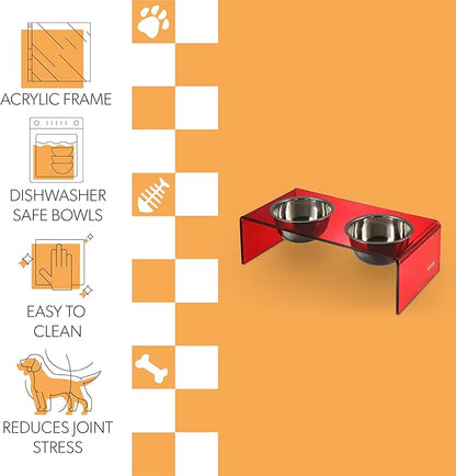 The LICKER Store DBL2001H Keaton 7.5" Medium/Large Modern Acrylic Rectangular Elevated Pet Feeder with 54oz 2-Stainless Steel Bowls, Red/Chrome