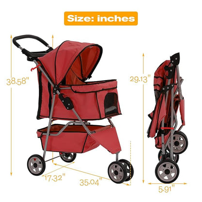 HCY Folding Dog Stroller, 3 Wheels Cat Strollers Pet Gear for Small Medium Cats Dogs Puppy with Storage Basket, Cup Holder,Lightweight-Red, 35.04 inch x17.32 inch x38.58 inch