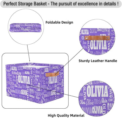 Custom Storage Baskets for Kids with Name, Large Foldable Organizer Collapsible Storage Bin with Leather Handle for Home Toys Closet Nursery, Violet Purple Light Solid Background