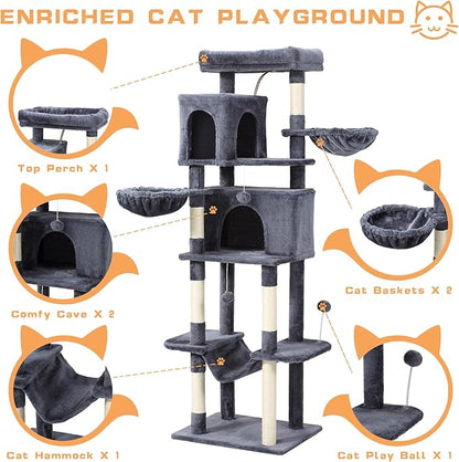 Letkind 70-Inch Cat Tree,Large Cat Tree Tower with Hammock, Scratching Post, Condo and Multi-Level Cat Tower for Large Cats, Cat Activity Center Playhouse, Dark Gray LCT016