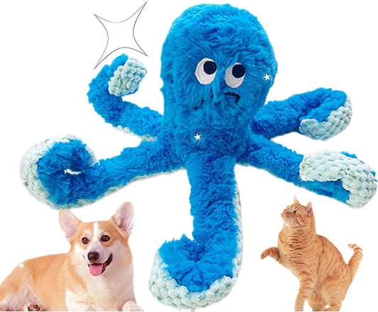 TRAVEYO Blue Octopus Dog Toys with Squeaker, Interactive Pet Toys for Dogs and Cats, Dog Treat Toys with Soft Rope Tentacles with Treat Hiding Pockets, 14.17 Inches