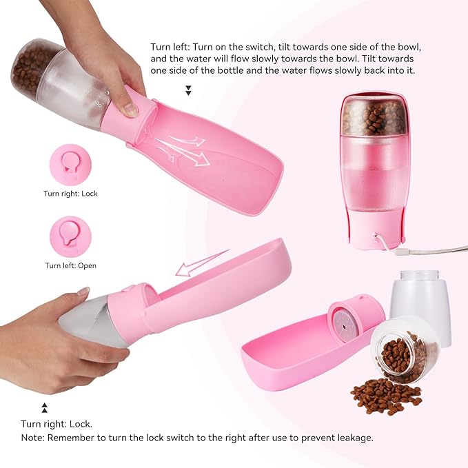 2-in-1 Foldable Pet Travel Water Bottle, Feeding Vessels for Pets, 11.8oz Water & 7oz Food Container for Dogs and Cats, Portable Leak-Proof Dispenser for Hiking, Walking & Camping White