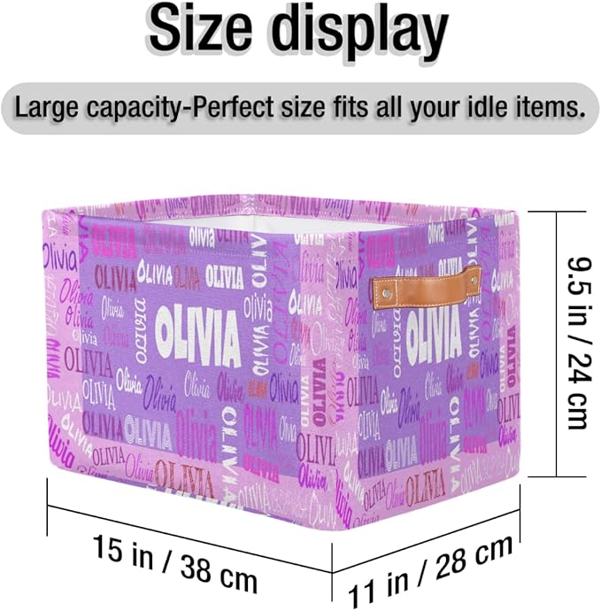 Personalized Foldable Storage Basket with Name, Laundry Hamper Dirty Clothes Pet Toys Storage Bin with Handles for Shelf Home Closet Kitchen, Purple and Pink Background
