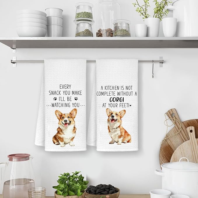 Funny Corgi Kitchen Bathroom Towels, Gifts for Corgi Lovers Women Dish Tea Towels, Dog Mom Dad Lovers Owner Gifts for Women Men Decorative Hand Towels for Kitchen Decor, 16x24 Inch Set of 2