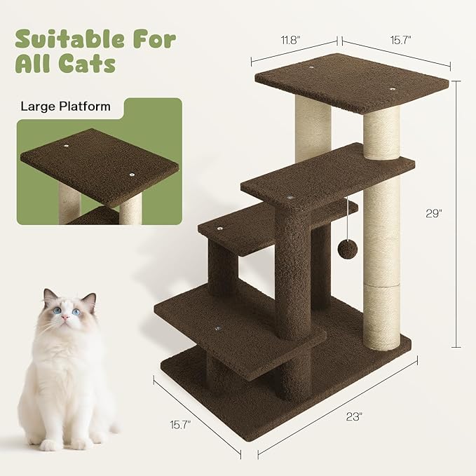 4-Step Pet Steps for Cats/Dogs, Cat Stairs with Sisal Scratching Post, Cat Steps for Older Cats with Enlarge Perch, Pet Stairs for High Bed and Couch, Brown