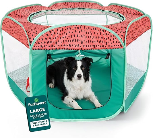 FurHaven Portable Pet Playpen for Dogs & Cats, Foldable Kitten Playpen with Mesh Sides, Pop Up Travel Dog Pen, Large, Green & Pink