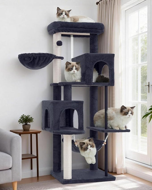 Gitelsnour 51.2'' Cat Tree Tower, Cat Tower with Scratching Post, Sturdy Steel Pube Cat Tree for Inoor Cats Large Adult, Cat Hammock and Basket, Padding Top Platform, Drak Gray GCT014G