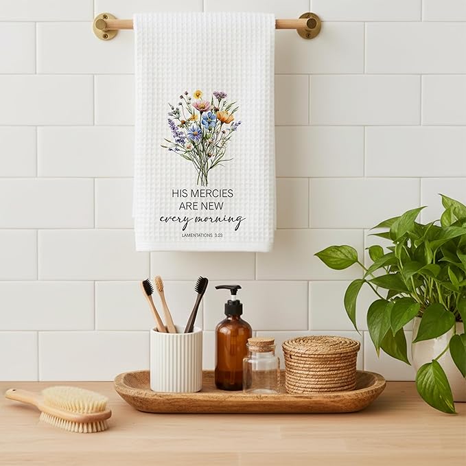 Christian Kitchen Towel, Waffle Weave Microfiber Scripture Hand Towel, His Mercies are New Every Morning Bible Verse Farmhouse Decor for Kitchen Bathroom, Inspirational Gift for Women