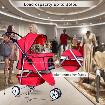 Dkeli 3-Wheel Pet Stroller, Lightweight Foldable Dog Stroller for Small Medium Dogs & Cats, Breathable Mesh & Weather Cover with Storage Basket, for Daily Walk Outdoor Travel (Red)