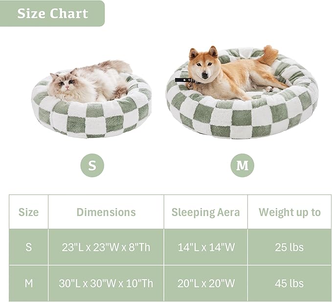 Checkered Dog Bed, Cute Sage Green Retro Style Aesthetic Round Warming Pet Calming Beds for Small Dog and Cats, Plush Cozy Donut Washable, 30" L x 30" W x 8" Th