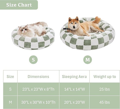 Checkered Dog Bed, Cute Sage Green Retro Style Aesthetic Round Warming Pet Calming Beds for Small Dog and Cats, Plush Cozy Donut Washable, 30" L x 30" W x 8" Th