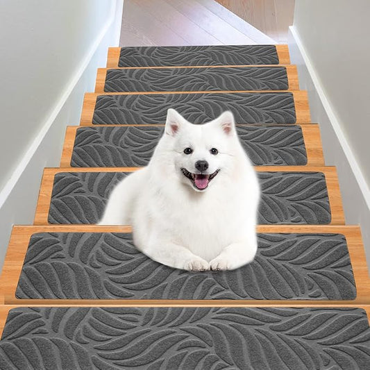 Stair Treads for Wooden Steps - Non Slip Stairs Carpet Tape Peel and Stick with Double Adhesive Tape Set of 15 Leaf -Grey