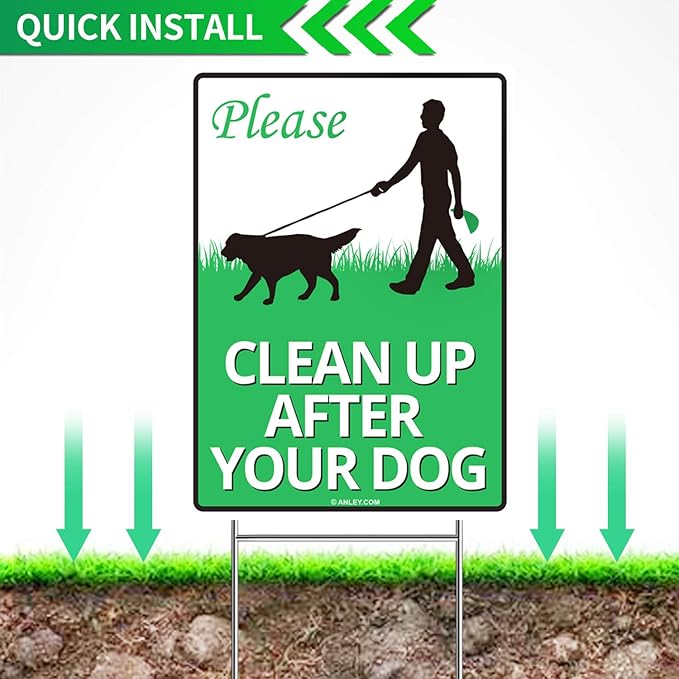 ANLEY Clean Up After Your Dog Sign with Metal Stake - Quick & Easy Install - Clean Up After Pet Warning, Cat Lawn Signs Double Sided Weather Fade Resistant for Yard Garden Grass 12" x 9"