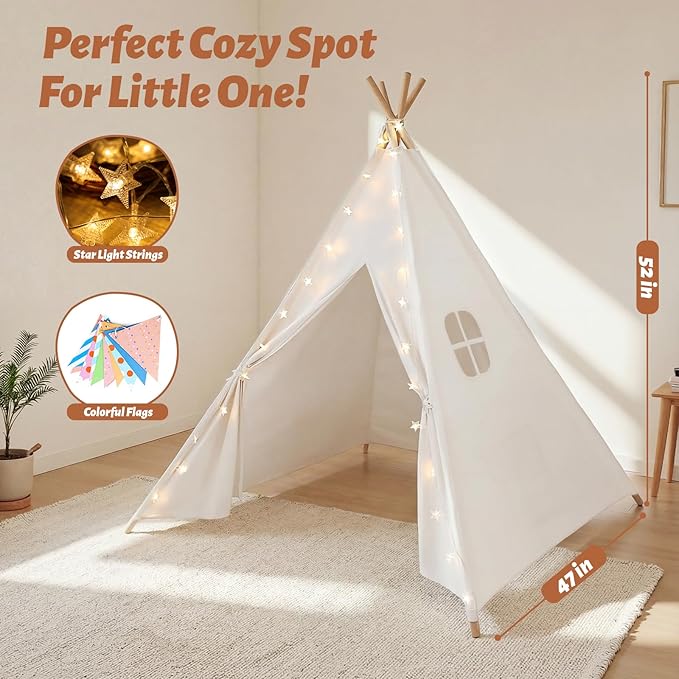 Wilwolfer 4 Pack Teepee Tent for Kids Slumber Party with Lights, Indoor Sleepover Play Tents for Girls, Foldable Toddler Playhouse for Sleepover Parties, White