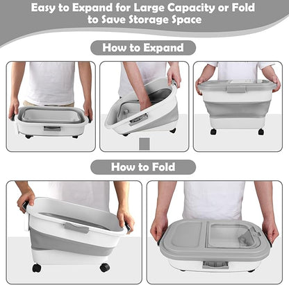 Dog Food Storage Container, 20Lbs Large Collapsible Pet Cat Food Container with Airtight Lids Wheels Handle Scoop Measuring Cup Small Container, Rice Kitchen Dry Food Storage Dispenser Bin (Grey)