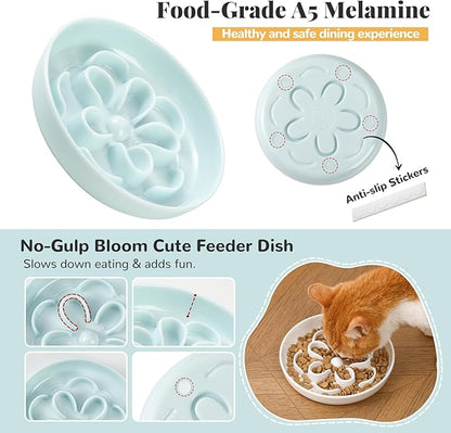 Melamine Cat Slow Feeder Bowl - Floral Maze Cat Food Dish - Flat Plate for Dry & Wet Food - Cute Kitten Bowl - Dishwasher Safe - 6.3'' W x 1'' H - 5.5 oz (160g) - Pink