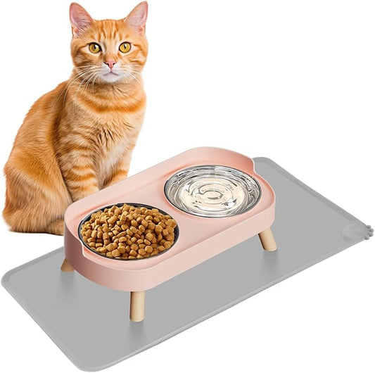 Elevated Cat Bowl with Food Mat, Raised Cat Food and Water Bowl Set for Indoor Cats, Splash Proof with 2 Stainless Steel Pet Food Bowls for Cats and Puppies,Whisker Fatigue and Dishwasher Safe (Pink)