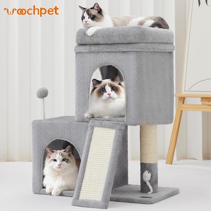 Woochpet 24inch Tall Cat Tree with 2 Cat Condo and Mouse Toy Cozy Small Cat Tower with Scratching Post and Board for Kitties and Small Cats.（Light Grey） (22 * 13 * 28)