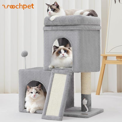 Woochpet 24inch Tall Cat Tree with 2 Cat Condo and Mouse Toy Cozy Small Cat Tower with Scratching Post and Board for Kitties and Small Cats.（Light Grey） (22 * 13 * 28)