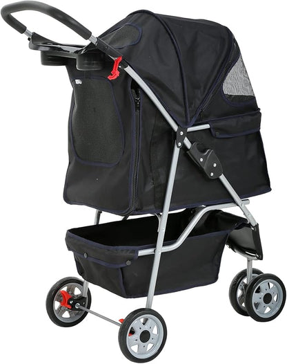 Dkeli 3-Wheel Pet Stroller, Lightweight Foldable Dog Stroller for Small Medium Dogs & Cats, Breathable Mesh & Weather Cover with Storage Basket, for Daily Walk Outdoor Travel (Black)
