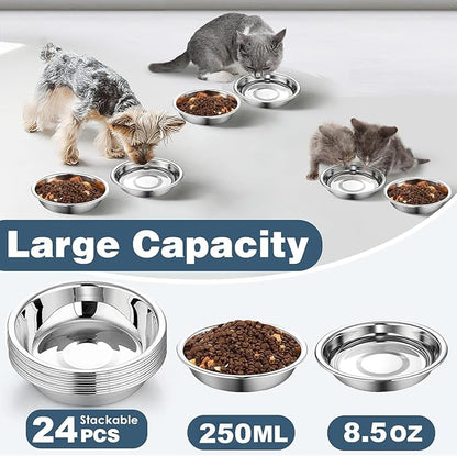 24 PCS Thickened Stainless Steel Cat Bowls, 5.5 Inch Shallow Wide Flat Metal Kitten Food Bowls, Whisker Friendly Fatigue Relief Replacement Basic Pet Dishes for Indoor Cats