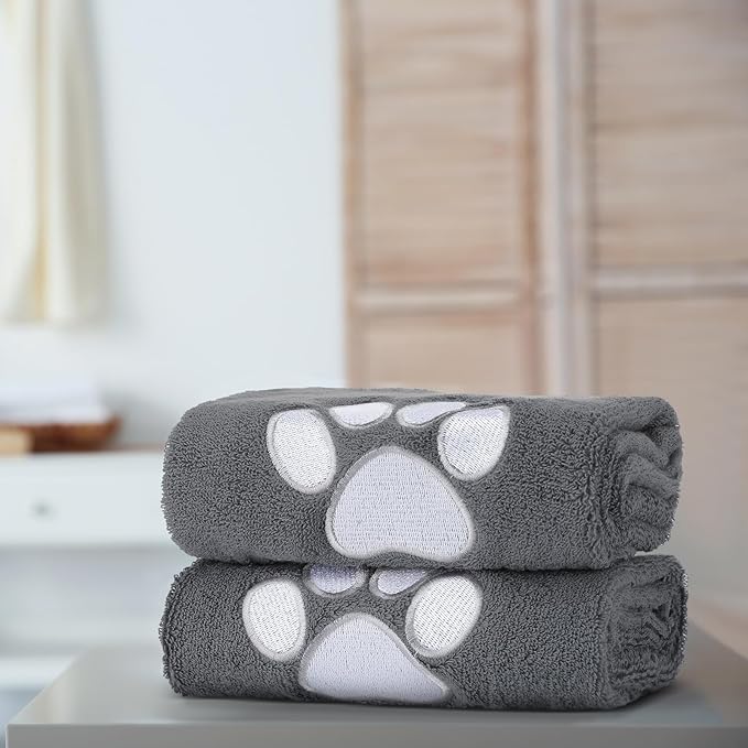 2 Pcs Dog Paw Hand Towels Dark Grey Bathroom Decor 13 x 29 Inch 100% Cotton Embroidered Hand Towels Soft Absorbent Farmhouse for Kitchen Restroom
