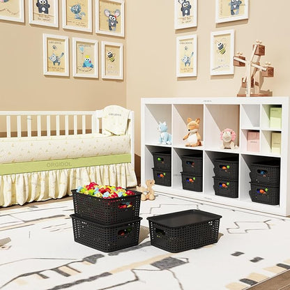 Plastic Storage Basket with Lids 12 Pack Stackable Black Storage Bins Containers with Lid, Decorative Storage Boxes for Organizing Shelves, Drawers, Playroom, Classroom, Office, Closet